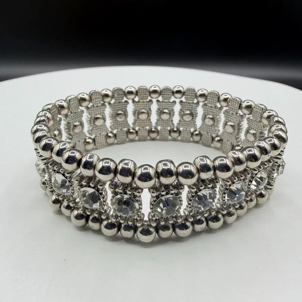 Wide Silver Tone Clear Rhinestone Stretch Bracelet Beaded Statement Jewelry